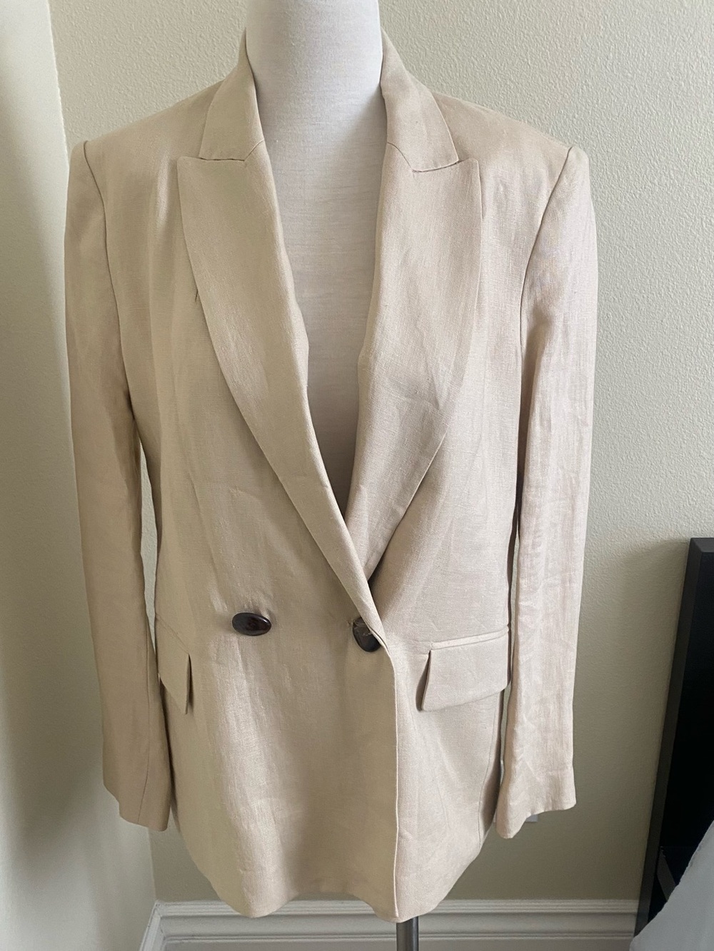 Zara Cream Double-Breasted Linen-Blend Blazer